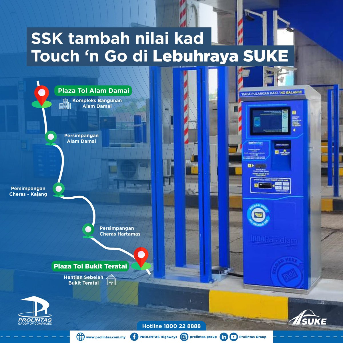 mySUKEofficial's tweet photo. Tak cukup baki kad TnG ketika guna Lebuhraya SUKE? 

Jangan risau… demi kemudahan pengguna, kiosk layan diri (SSK) untuk tambah nilai kad Touch ‘n Go ada disediakan di tiga lokasi berbeza di sepanjang Lebuhraya SUKE seperti dalam gambar. 

SUKE, menceriakan perjalanan anda! https://t.co/dbEVkne21e