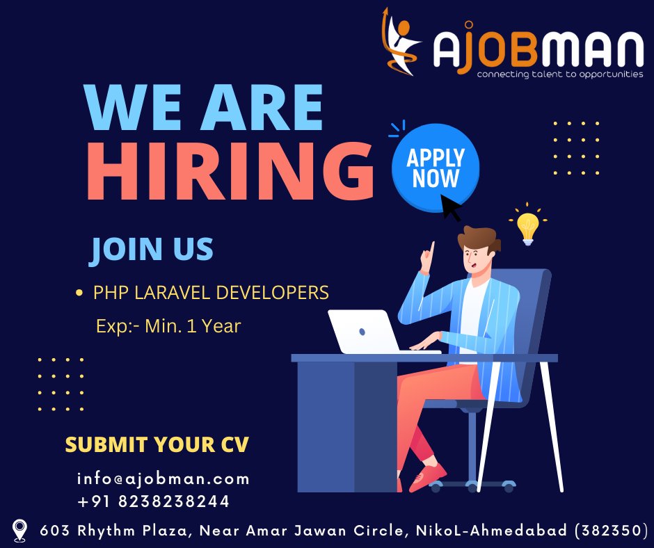 a_jobman's tweet image. We're Hiring #PHPLaravelDevelopers!
Exp.- Min. 1 year
Apply Now!
Work From Office
Location:- #Ahmedabad
💯% #JobPlacement
👉Terms & Condition Apply
Send your CV & Contact us:-
📲+91 8238238244, 📧info@ajobman.com
#phpdevelopersjob #laraveldevelopersjobvacancy #ahmedabadjobs