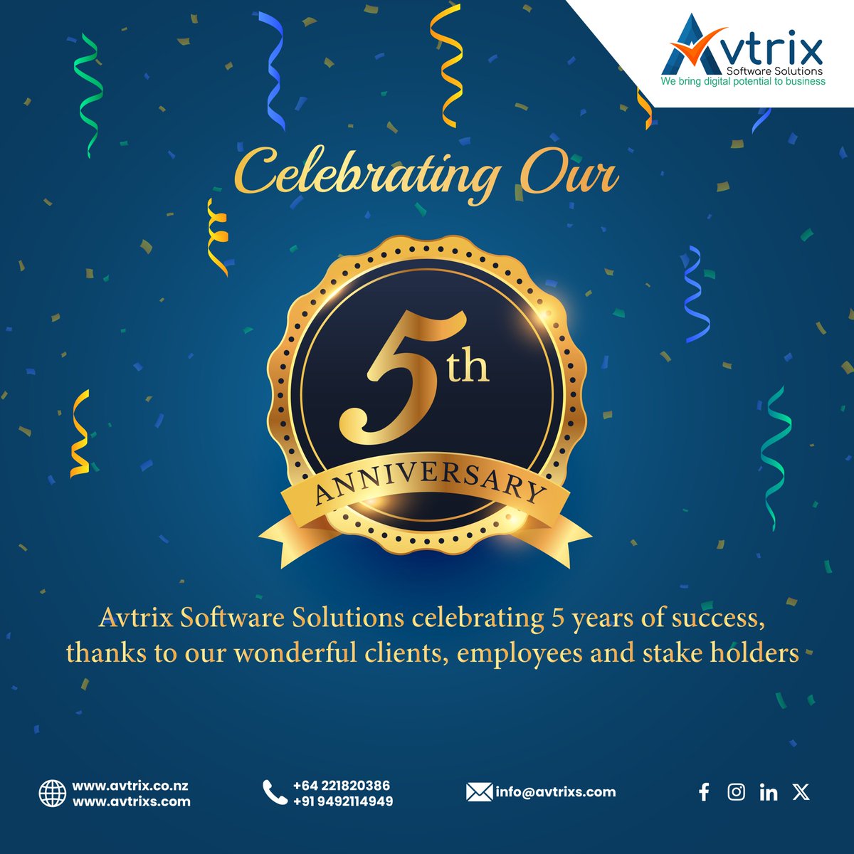 AvtrixSoftware's tweet image. 🎉 Celebrating 5 Incredible Years! 🎉

From day one, our mission has been to innovate, inspire, and create a positive impact. Over the years, we&apos;ve faced challenges and celebrated successes.

Let&apos;s make the next years even more amazing!

#5thanniversary #AvtrixSoftwareSolutions