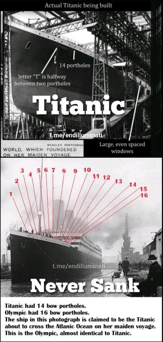 𝐓𝐈𝐓𝐀𝐍𝐈𝐂 𝙉𝙀𝙑𝙀𝙍 SANK ⛴❌

THE TITANIC HAD 14 BOW PORTHOLES. 

OLYMPIC HAD 16 BOW PORTHOLES 

THE SHIP IN THIS PHOTOGRAPH    IS CLAIMED TO BE THE TITANIC ABOUT TO CROSS THE ATLANTIC OCEAN ON HER MAIDEN VOYAGE.

THIS IS THE OLYMPIC ALMOST IDENTICAL TO THE TITANIC.