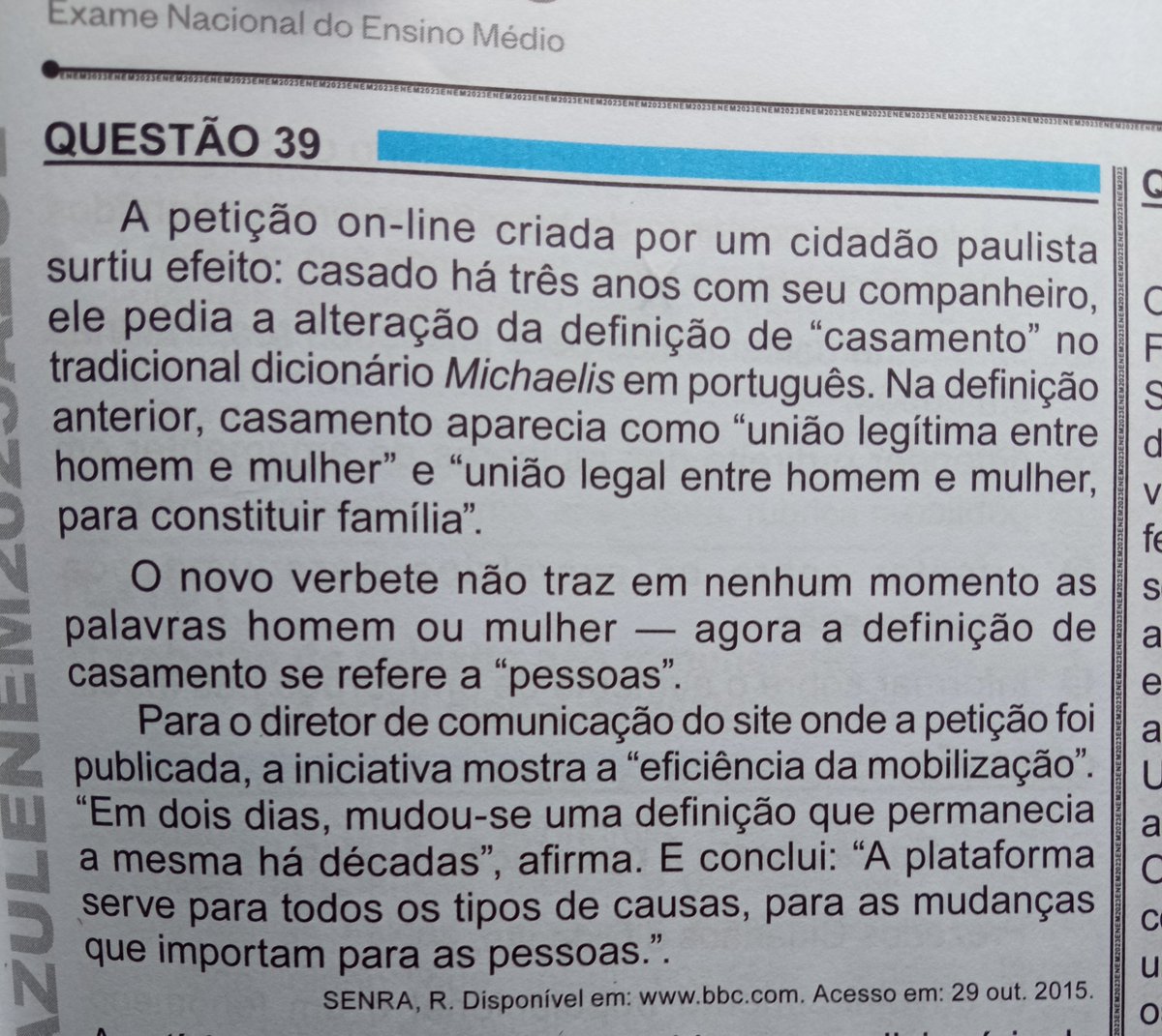Gl3ceon's tweet photo. Achei de extrema importância o inep ter colocado nesse Enem uma questão onde repara o direito do casamento homossexual na nossa sociedade que é tão preconceituosa. #Enem2023 https://t.co/l1zq7FNZlh