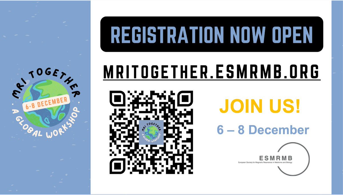 🗳️ Registration open for MRI Together 2023 Event! 

eventbrite.co.uk/e/mri-together…

Join us online from 6-8 Dec for open, reproducible, inclusive MR research. 🌍 Online 🖥️, 🆓 and across different time-zones 🌍 
mritogether.esmrmb.org
#MRItogether23 #ESMRMB