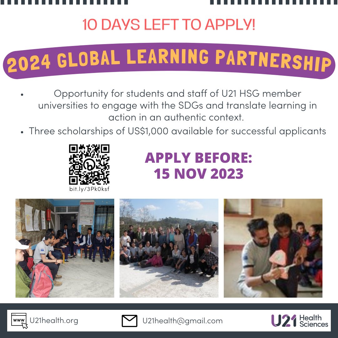 10 days left to submit student applications to attend the U21 HSG 2024 Global Learning Partnership in Nepal. And don’t forget, there are three scholarships of US$1,000 available. u21health.org/global-learnin… #U21health #U21healthsciencesgroup #GlobalLearningPartnership