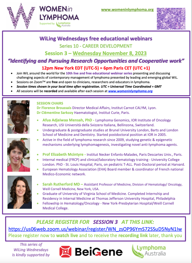 ⭐️UPDATED⭐️ 👉🏽Join leading global #WomenInLymphoma this Wednesday Nov 8 for #CareerDevelopment panel discussion + Q&A #WiLingWednesdays 'Identifying and Pursuing Research Opportunities and Cooperative work' REGISTER🔗us06web.zoom.us/webinar/regist… 🙏🏽@BeiGeneGlobal & @lymphomaOz