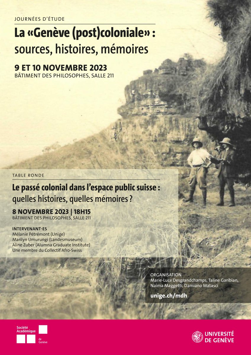 Une trentaine d’historien.nes de l'<a href="/UNIGEnews/">Université de Genève</a> et d’ailleurs (<a href="/NyakoPamela/">Pamela Ohene-Nyako</a>  <a href="/BernhardSchaer/">Bernhard C. Schär</a> , …) se réunissent cette semaine pour éclairer l’histoire des imbrications coloniales et postcoloniales de Genève. Un événement <a href="/maisonhistoire/">Maison de l'histoire</a> coorganisé avec les <a href="/ArchivesAIJJR/">Archives Institut Jean-Jacques Rousseau</a>