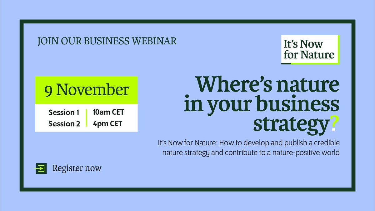 Where is nature in your business strategy?🤔
​
Coming soon! It’s #NowForNature is a campaign to rally businesses to act on nature & contribute to a #NaturePositive world by 2030.​

Join our webinars on 9 November:​
🕙10am CET​
🕓4pm CET
🔗bit.ly/nowfornature 

@BfNCoalition