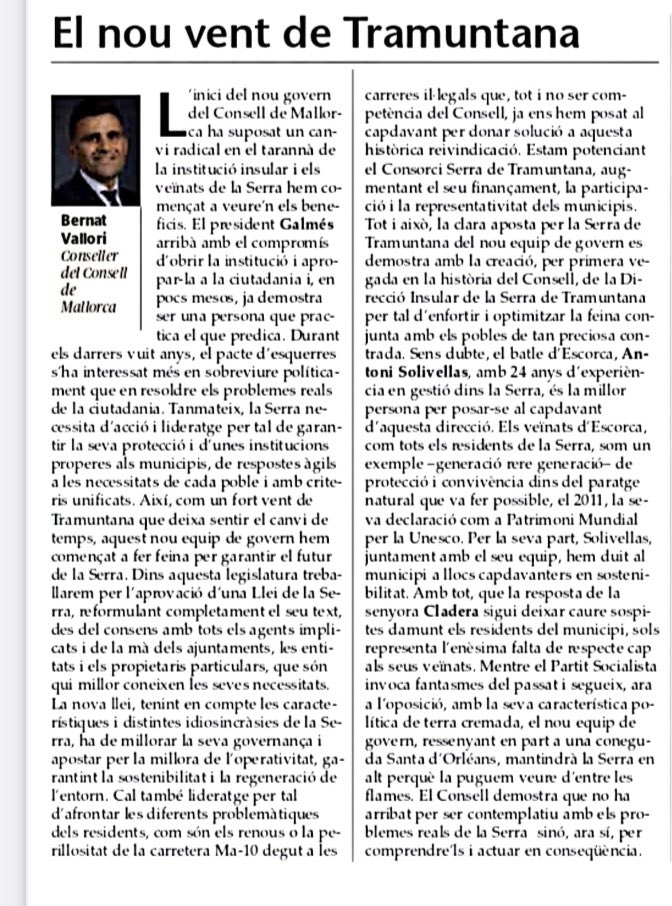 PPdeMallorca's tweet photo. ☀️ Bon dia!

🗞️ Vos recomanam avui llegir aquest article de tribuna del conseller @bvallori publicat a @UHmallorca https://t.co/i38ZoHXaRO