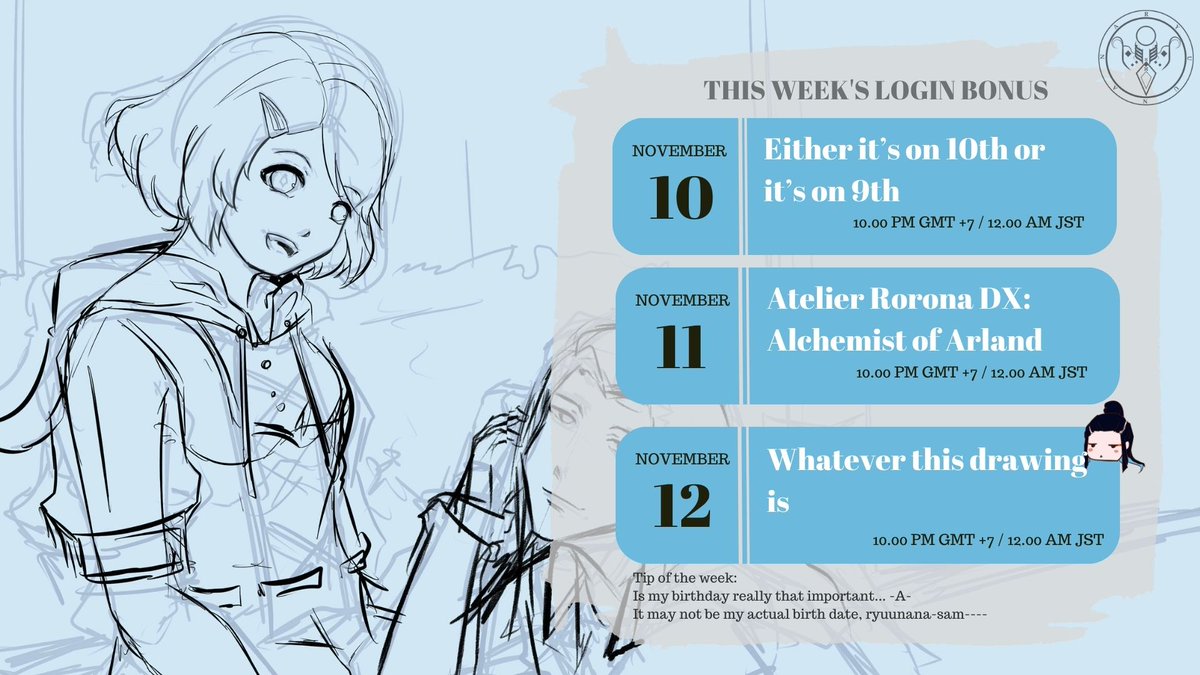 [THIS WEEK'S LOGIN BONUS]
No, I don't care if it's your real birthday or not. If everyone else has a small stream for their birthdays then so do you. No buts, you little sh---

#VTuber #StreamingSchedule #ryuunanairs