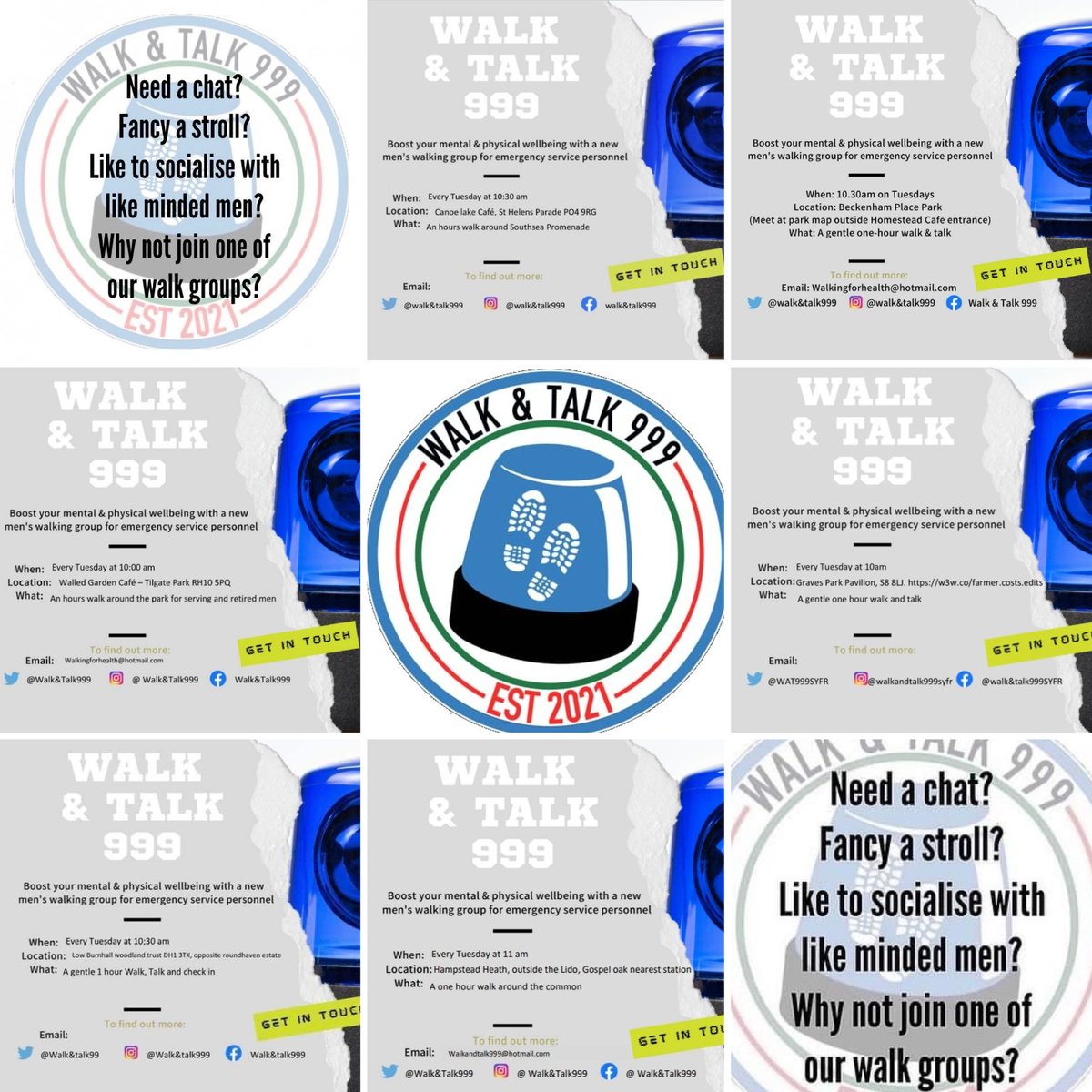 We have 6 weekly Tuesday walks happening tomorrow 

Congratulations to Tilgate (Crawley) on your  1st anniversary 

Open to all men serving,served or retired in the emergency services, NHS ,Armed forces, RNLI 

For all our walks 

Check out our website: walkandtalk999.co.uk