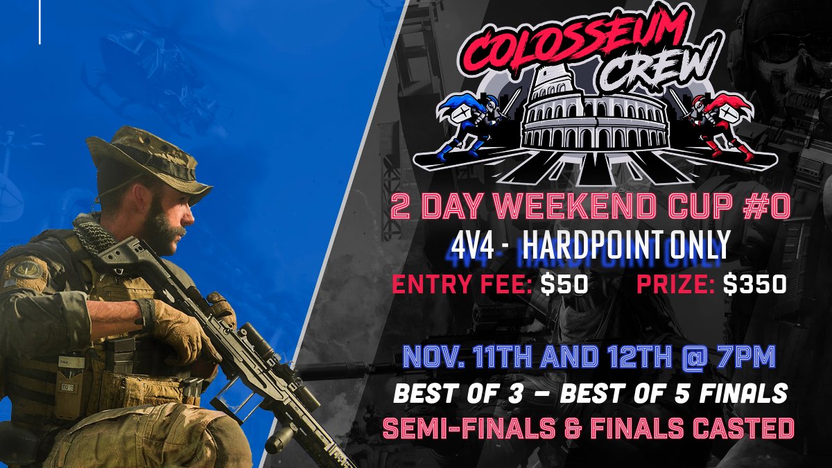 🚨2 OPENING WEEKEND LEAGUES (SnD &amp; HP Only)

⚔️ColosseumCrew - 2 day Weekend Cup #0

❤️‍🔥EACH LEAGUE DETAILS
1⃣ - 8 Teams
2⃣ - $50 Entry Fee
💰 $350 Prize // 🥇$250 🥈$100

📅Saturday  - 3 Regular Szn Matches 
🌎Sunday - Playoff Tourney (Double Elim)

🔥DM for FULL Details &amp; Sign
