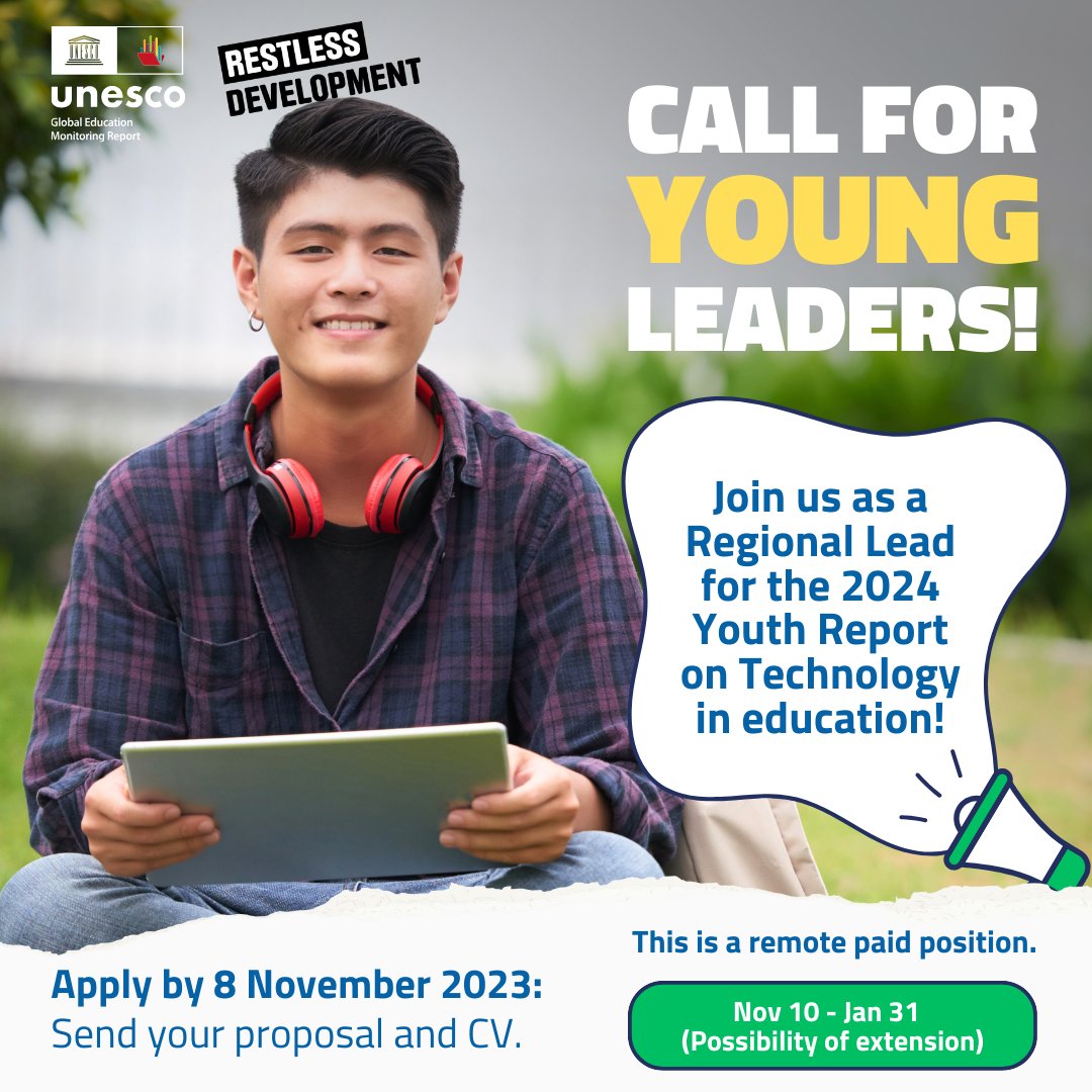 📢 Calling all young change-makers under 35 to contribute to the regional consultations with Restless Development for the 2024 GEM Youth Report on technology in education!

Apply before 8 November: unesco.org/en/articles/ca…

#YouthConsultation #TechOnOurTerms