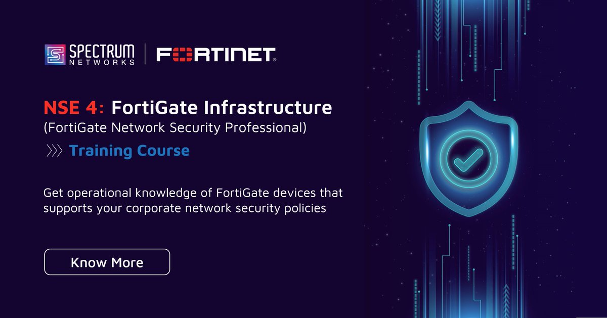 specnt's tweet image. Learn how to use advanced FortiGate #networking &amp;amp; security in our 2-day course on NSE4: #FortiGate Infrastructure (FortiGate Network Security Professional)
Enroll now! Contact us: emea.mc@specnt.com
Know More: shorturl.at/eEG01

#Fortinettraining #Fortinet #SpectrumNetworks