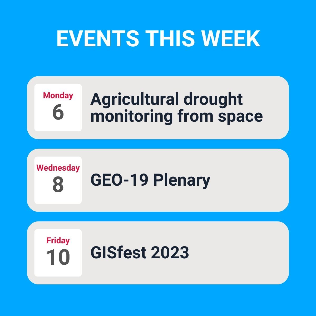 #Geospatial #events happening this week (6 – 12 November 2023)

Find more events and info on the Novum Intelligence industry calendar: novumintelligence.com/calendar/ 

#geospatial #mapping #EO #EarthObservation #stats #events #webinars #conferences #training #courses