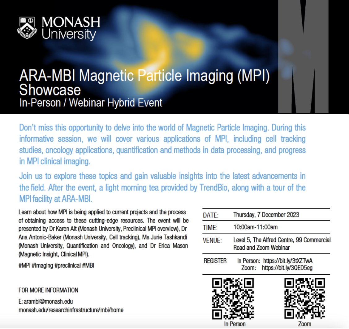 Australian National Imaging Facility (@nifaus) on Twitter photo Registrations open: <a href="/Alfred_Research/">Alfred Research Alliance</a> <a href="/Mon_Bio_Imaging/">Monash Biomedical Imaging</a> Magnetic Particle Imaging (MPI) Showcase
📅 Thursday 7 December
🕓 10am-11am (AEDT)
📍 Melbourne / online
In person: eventbrite.com.au/e/magnetic-par…
Zoom: monash.zoom.us/webinar/regist…
<a href="/NTheranostics/">NanoTheranostics</a> <a href="/AnaAB013/">Dr Ana Antonic-Baker</a> <a href="/JurieTashkandi/">Jurie Tashkandi</a> Registrations open: <a href="/Alfred_Research/">Alfred Research Alliance</a> <a href="/Mon_Bio_Imaging/">Monash Biomedical Imaging</a> Magnetic Particle Imaging (MPI) Showcase
📅 Thursday 7 December
🕓 10am-11am (AEDT)
📍 Melbourne / online
In person: eventbrite.com.au/e/magnetic-par…
Zoom: monash.zoom.us/webinar/regist…
<a href="/NTheranostics/">NanoTheranostics</a> <a href="/AnaAB013/">Dr Ana Antonic-Baker</a> <a href="/JurieTashkandi/">Jurie Tashkandi</a>