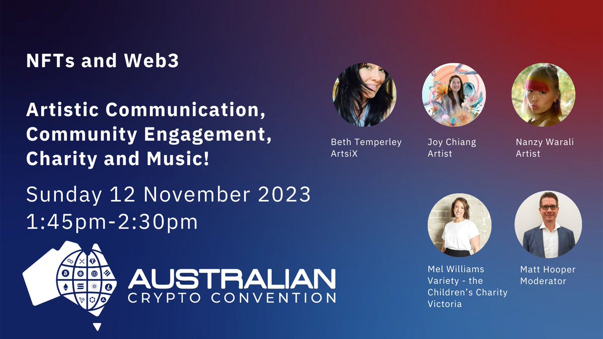 I can't wait to moderate this panel of creatives at next weekend's <a href="/AusCryptoCon/">Australian Crypto Convention</a>! 

One of two panels which I have assembled, "NFTs and Web3 - Artistic Communication, Community Engagement, Charity and Music!" will dive into projects  which are use NFTs and Web3 to convey meaning.
