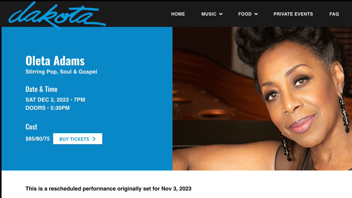 NOTE FROM MANAGEMENT - Oleta Adams sends her apologies for not being able to make the scheduled November 4th performance at Dakota's in Minneapolis, MN. COVID has struck Oleta so we have rescheduled the show for Saturday, December 2nd. dakotacooks.com/event/oleta-ad…