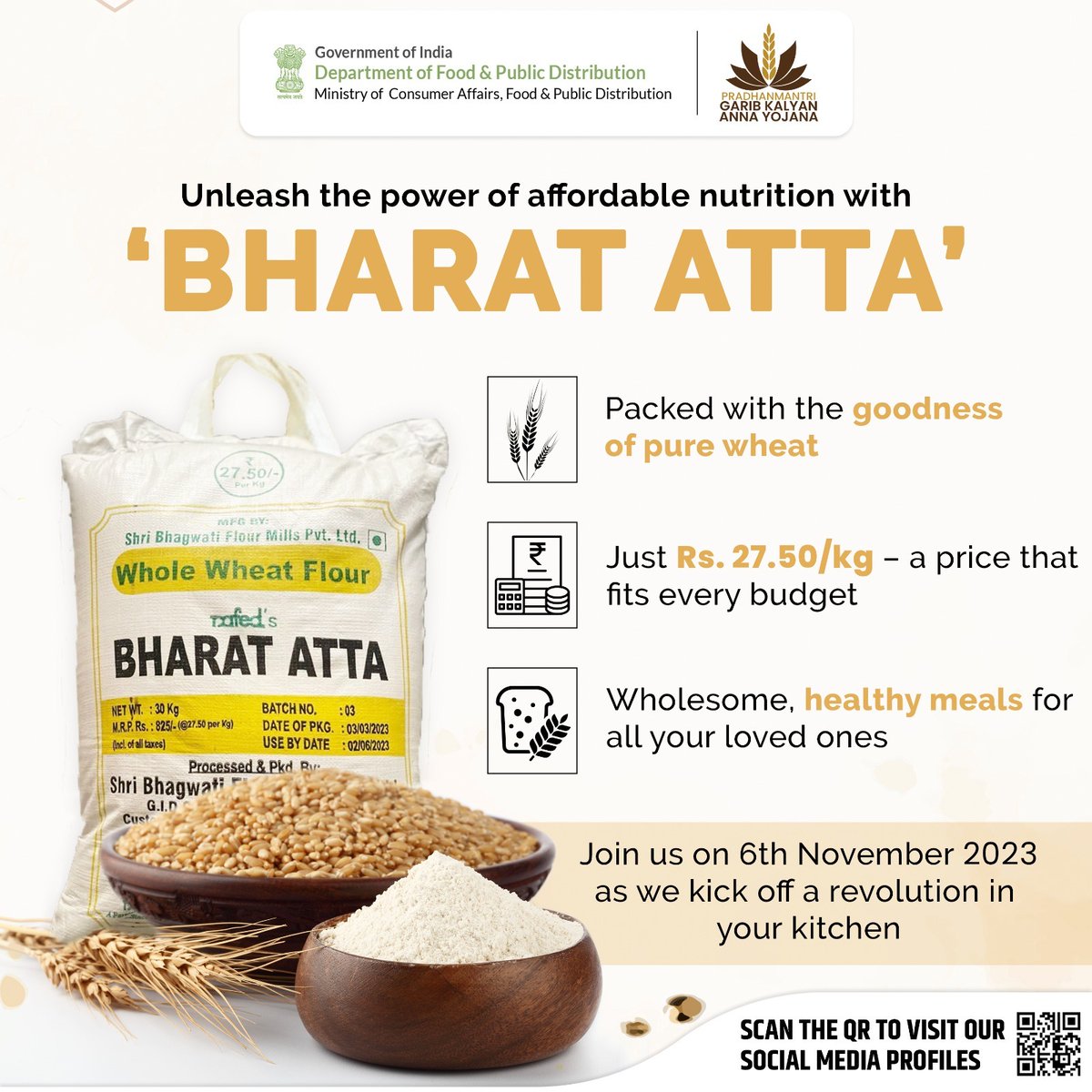🥖 A revolution in your daily roti! 🍽
'Bharat Atta’ is here to redefine affordability &amp; nutrition.

Join us on 6th November 2023, as Hon’ble Union Minister, Shri Piyush Goyal flags off 100 mobile vans for the sale of ‘Bharat Atta’.

Let's knead good health together! 
#BharatAtta