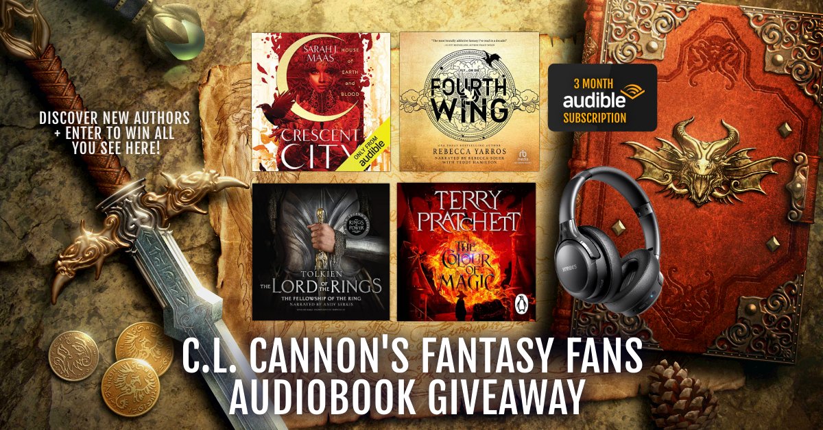 🧙‍♂️🎧#Fantasy #Audiobook Fans, we've got ya!🎧🧝‍♀️ 🔥 Enter this giveaway to #win 4 bestselling #audiobooks, a 3-month #Audible subscription, & some comfy headphones to listen to your new #reads with! 🔥 Enter👉 clcannon.net/audiobookfans #SJM #FourthWing #LotR #TheColorOfMagic