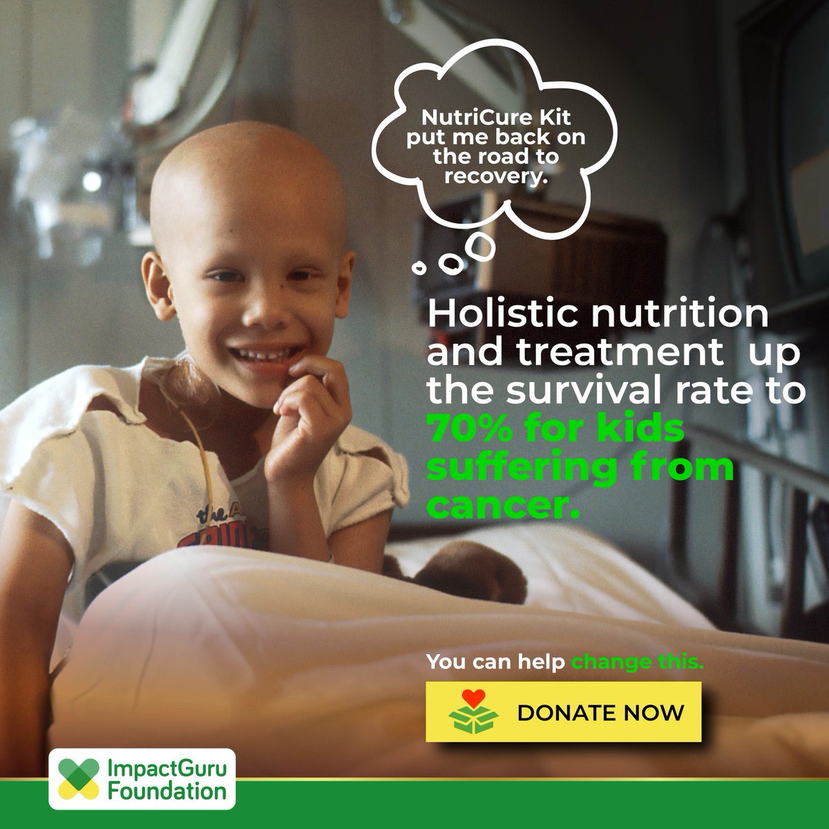 Every smiles on the road to recovery tell tales of hope. NutriCure Kit: lifeline for kids. 70% survival rate. Your support makes a real difference. Donate Now to join their inspiring journey.
impactgurufoundation.org/donate-now

#ImpactGuruFoundation #NutriCure #CancerKids #Healthcare