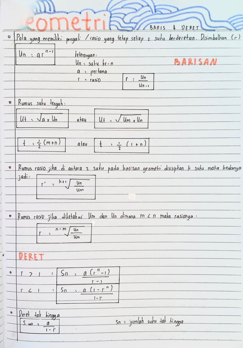 kyralacs's tweet photo. # catatan matematika kelas 10
‧₊˚ 🐋⋅ BARIS DAN DERET GEOMETRI ₊˚ෆ
source: ruangguru
( kalo mau detail bisa cek rangkumannya di ruangguru yaap ! ) sedih bgt luntur HUEE #studyspo #studytwt #ambisverse #studynote #rangkuman #moots #ambisverse #matematika #catatan
@kyralacs https://t.co/V2ZyDsTT7G