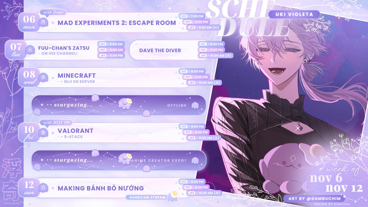 uki_violeta's tweet photo. 【🔮 Weekly Schedule! 🌌】
Nov 06 - Nov 12

General #UkiVioleta
Live #UkiLive
Art #VioletAtelier
Assets #VioletAssets
Meme #uwukiVioleta
NSFW #UKinky
Thumbnails #UkiThumb
Clips #Ukilipse
🍳 #Violeggta
Cute #fuwauki
Drinks #violatte
Cos #ukiform
Fan Name / Stargazers

#NOCTYX https://t.co/JDYB7n94b2
