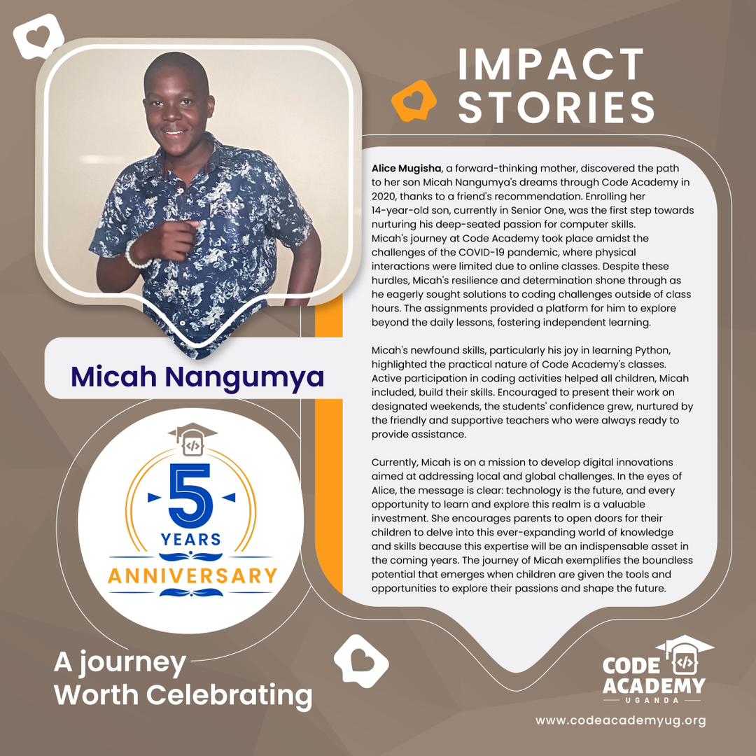 code_academy_ug's tweet image. Meet Micah. A journey worth celebrating #CodeAcademyUgAt5 #Halfdecade. Thank you so much @Alsamugisha mother to Micah