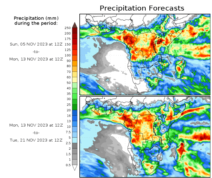 WandileSihlobo's tweet photo. The weather forecast for the next two weeks looks favourable for the summer crop-growing areas of South Africa. 

There are prospects of rain -- see the coloured parts of the SA map.

This will nicely improve soil moisture and continue to benefit the 2023/24 summer crop plantings currently underway. 

It would be excellent if more farmers planted crops even a bit earlier than usual this year so that by the time we hit the El Nio-induced low rains in 2024, the crop would already be in advanced stages. 

This mainly applies to the regions in the west of South Africa that typically plant their grains and oilseeds from mid-November to December. 

It would be good to be early this year.