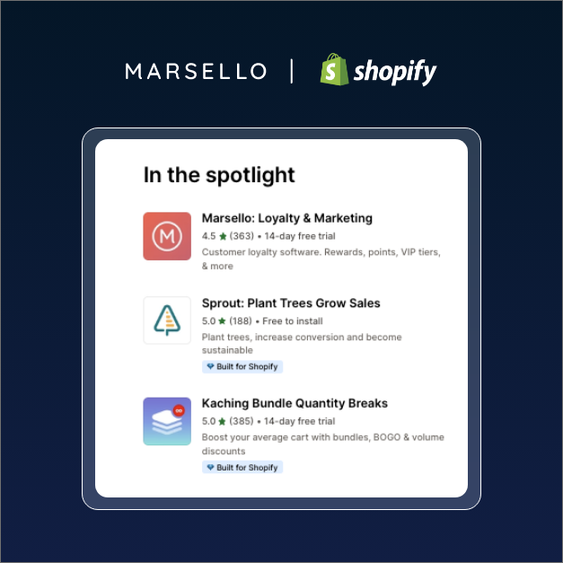 We're thrilled to see Marsello featured in the Shopify App Store's 'In the Spotlight' section 🌟. If you want to increase customer loyalty for your business, click the link below.

apps.shopify.com/marsello

#inthespotlight #shopify #shopifyappstore #loyalty #loyaltyprogram