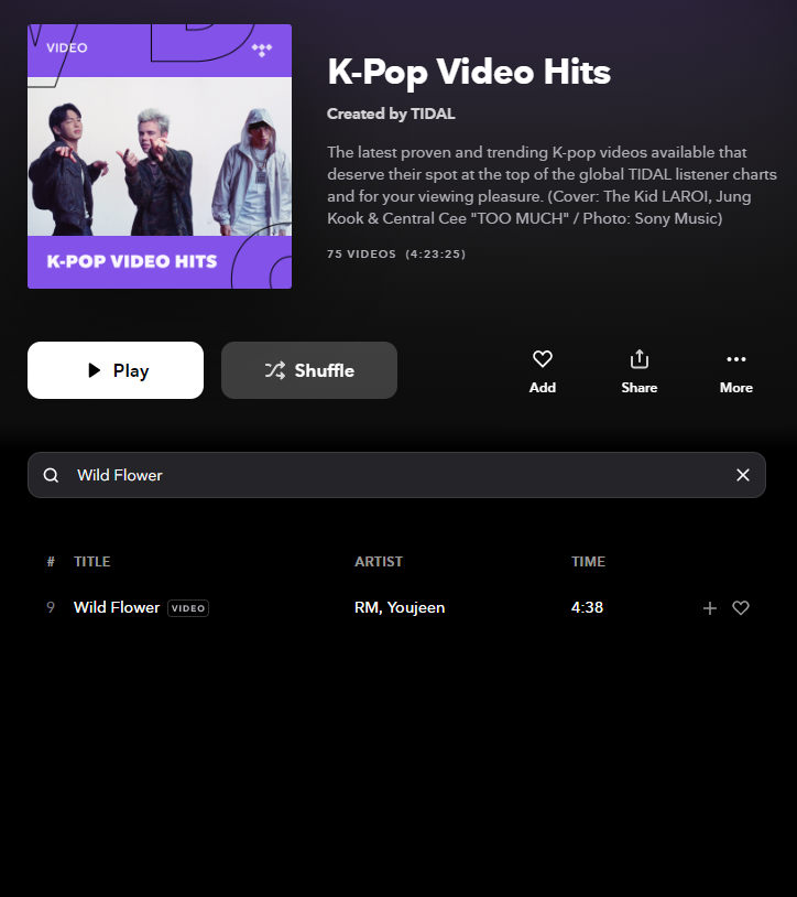 ARMYonTidal's tweet photo. #WildFlower by #RM w/ Youjeen MV rises to #9(+6)  in @Tidal's 'K-Pop Video Hits' global playlist!🔥

Great job #ARMYonTidal!👏

Keep streaming RM!
📺Wild Flower: https://t.co/8KOQLINbpB
RM Essentials:https://t.co/MqsbKRdoc1
RM's Profile:https://t.co/D3N6sBMjsU

#WildFlower_RM