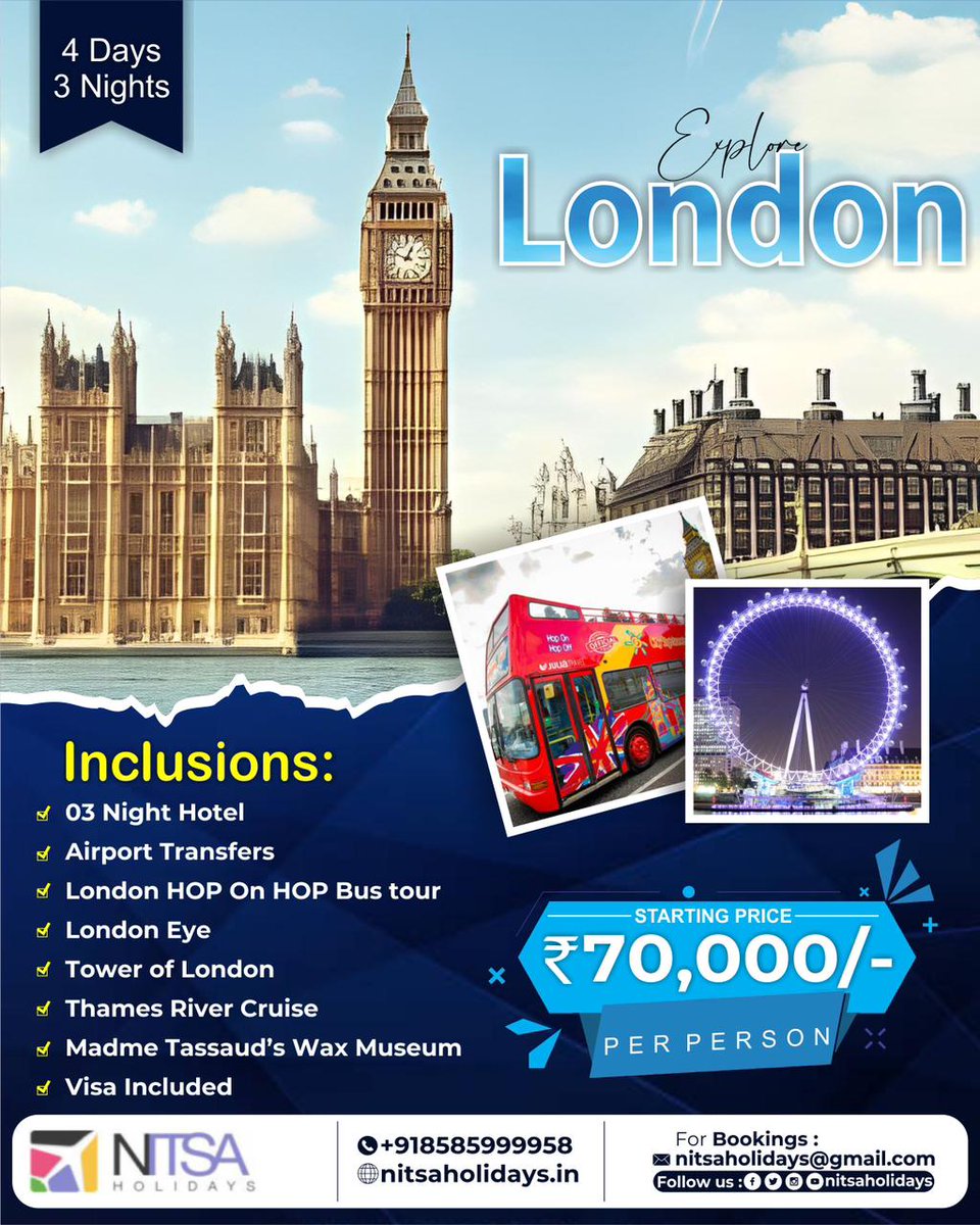 Discover London's best with us! Book now and join our all-inclusive London Explore package. Hop-On Hop-Off Bus Tour, London Eye, Tower of London – it's all included. 🇬🇧🚌🎡🏰 #LondonAdventures #Nitsaholidays #london🇬🇧 #vacation #exploreuk🇬🇧 #holidays #adventure #tourpackages