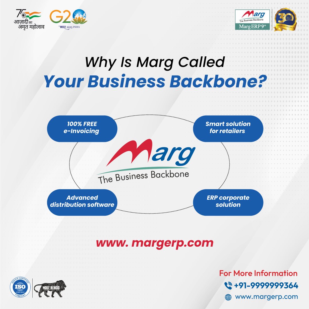 MargErpLtd's tweet image. Why Is Marg Called Your Business Backbone
100% FREE e-Invoicing 
Smart solution for retailers 
Advanced distribution software
ERP corporate solution
for a demo: +91 9999999364
Visit margerp.com to learn more! #MargERP #BusinessSolutions
#DistributionSoftware #MargERP