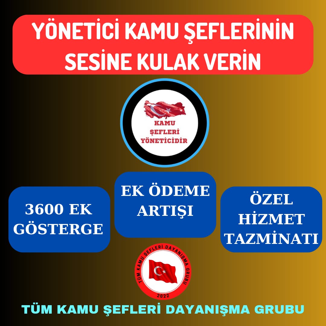 Yönetici #TümKamuŞefleri olarak taleplerimiz
✅3600 ek göstergedir
✅Eşit işe eşit ücretdir
✅Özel hizmet tazminatı artışıdır
✅Kurumlar arası maaş farkının giderilerek hem Şefler,hemde astlarımız arasındaki ücret uçurumunun kaldırılmasıdır.
 <a href="/RTErdogan/">Recep Tayyip Erdoğan</a> <a href="/isikhanvedat/">Prof. Dr. Vedat Işıkhan</a> <a href="/memetsimsek/">Mehmet Simsek</a>