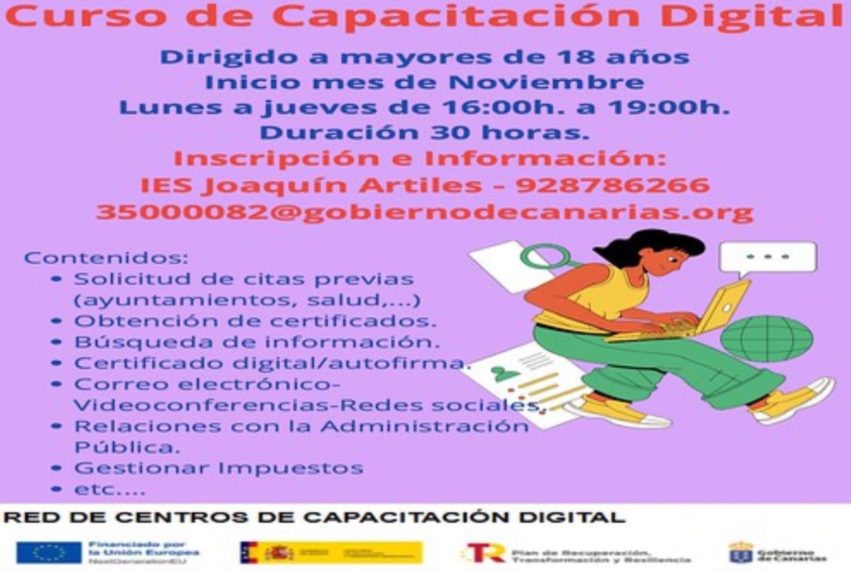 domingomartingc's tweet image. El #IESJoaquínArtiles ofrece un #curso gratuito de #CapacitaciónDigital #Aguimes #Agüimes
 domingomartin.blogspot.com/2023/11/el-ies…