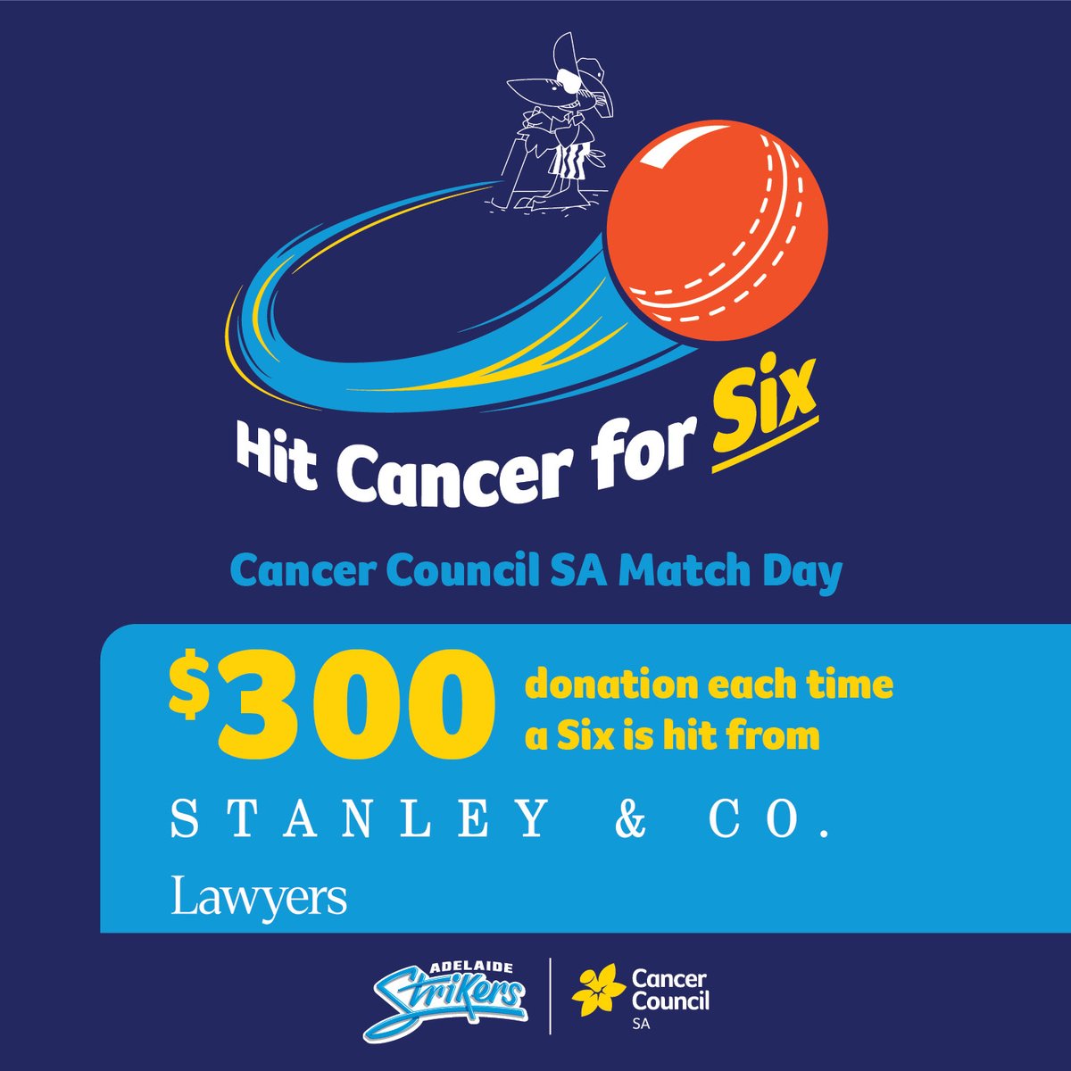 Adelaide Strikers (@strikersbbl) on Twitter photo .<a href="/CancerCouncilSA/">Cancer Council SA</a> are our Match Day Partner for Wednesday's game and Stanley & Co will donate $300 to 'Hit Cancer for Six' for each six hit in the match!
Every donation helps provide care and support for all South Australians impacted by cancer. Donate: hitcancerforsix.org.au .<a href="/CancerCouncilSA/">Cancer Council SA</a> are our Match Day Partner for Wednesday's game and Stanley & Co will donate $300 to 'Hit Cancer for Six' for each six hit in the match!
Every donation helps provide care and support for all South Australians impacted by cancer. Donate: hitcancerforsix.org.au