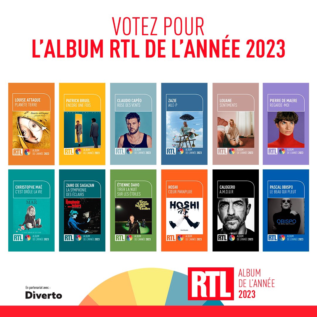 🎶💿📊🗳 C'est parti pour l'édition 2023 de l'#AlbumRTLdelannée ! Votez dès maintenant pour votre album favori parmi les 12 artistes nommés 👉 voxm.io/p/ZVkDH - en partenariat avec <a href="/Diverto_off/">Diverto</a>