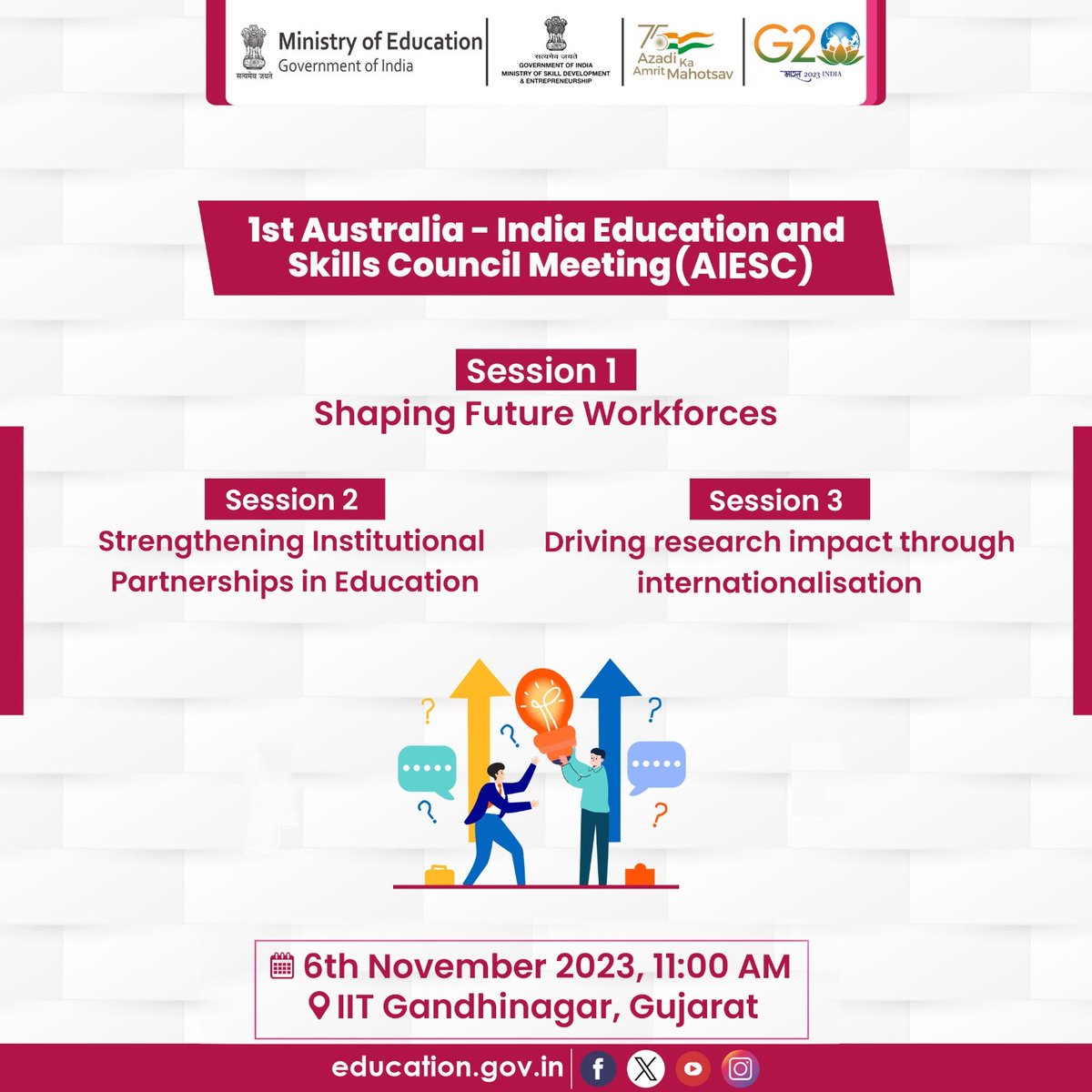The first meeting of the Australia India Education and Skills Council (AIESC) will be held at @iitgn today.

The meeting will feature three sessions:

During Session 1 titled Shaping Future Workforces, eminent experts will deliberate on educating and skilling graduates for the