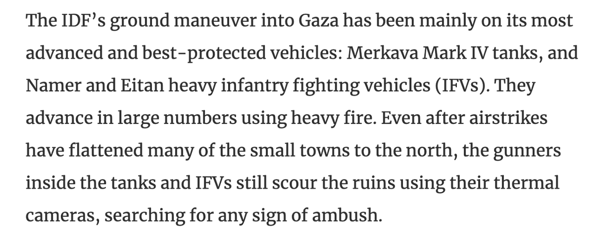 MaxBlumenthal's tweet photo. The Israeli military has sought to restore its reputation following the massive defeat its Gaza Division suffered on October 7 by inviting reporters to embed with its units in northern Gaza. 

But even Israeli reporters have been forced to acknowledge that the army has spent the entire time hiding inside heavily armored tanks - essentially mobile bunkers - and that "much of the fighting is being done, for now, on screens." 

The IOF is still largely fighting from a distance, exterminating entire families via drones and with attack jets operating where no anti-aircraft systems exist. An exercise in cowardice. https://t.co/ge8v63NSFX