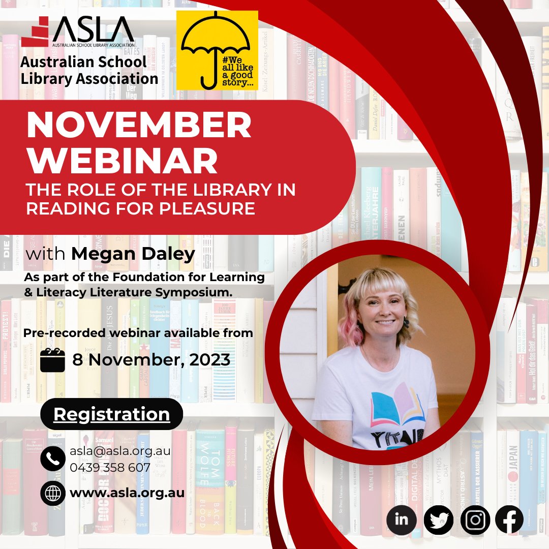 Join Megan Daley (ASLA TL of the year 2023) as she shares top ideas to promote reading for pleasure, her library lesson planning and advocacy ideas for to share with school management &amp; community.
This pre-recorded webinar is FREE from Nov 8. Register at
events.humanitix.com/2023-literatur…