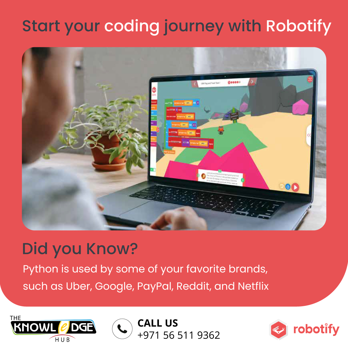 Knowledgehubdxb's tweet image. From tech giants to startups, #Python is the force behind innovation and growth for most organizations. Did you know Python is used by some of your favorite brands, such as Uber, Google, PayPal, Reddit, and Netflix? #Robotify #PythonLessonsForKids #VirtualCoding