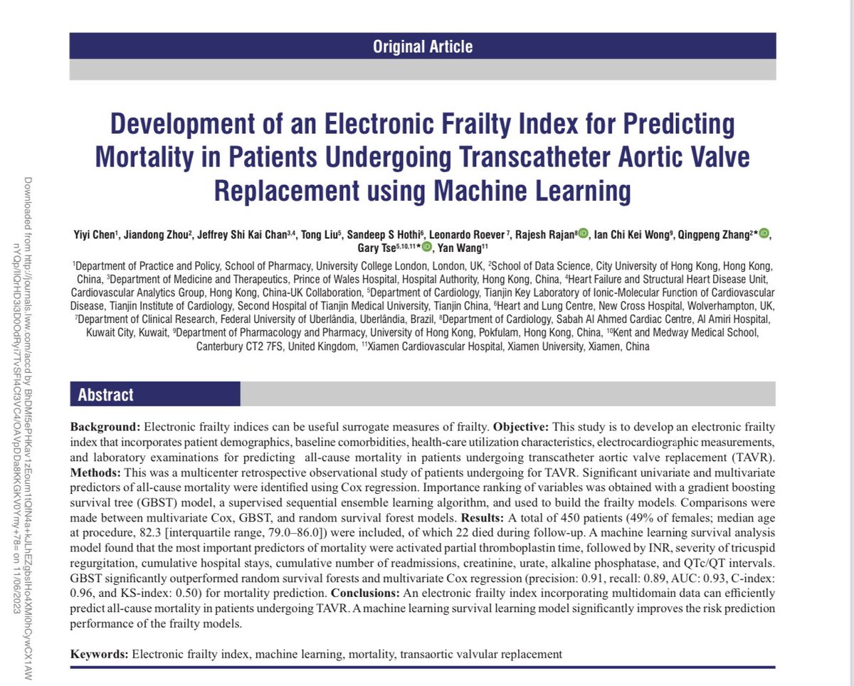 📢 'Development of an Electronic Frailty Index for Predicting Mortality in Patients Undergoing Transcatheter Aortic Valve Replacement using Machine Learning.' ❤️journals.lww.com/accd/fulltext/… @dilek_g_ural @gokselcinier @mirvatalasnag @mmamas1973 @gokselcinier @Hragy @HanCardiomd