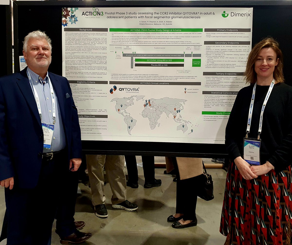 Clinical Operations Director Alisha Smith & Chief Medical Officer Dr David Fuller presented a poster of Dimerix’s global Ph3 #FSGS trial at the @ASNKidney conference in Philadelphia last week. #KidneyWk is the premier gathering of kidney professionals across the globe.