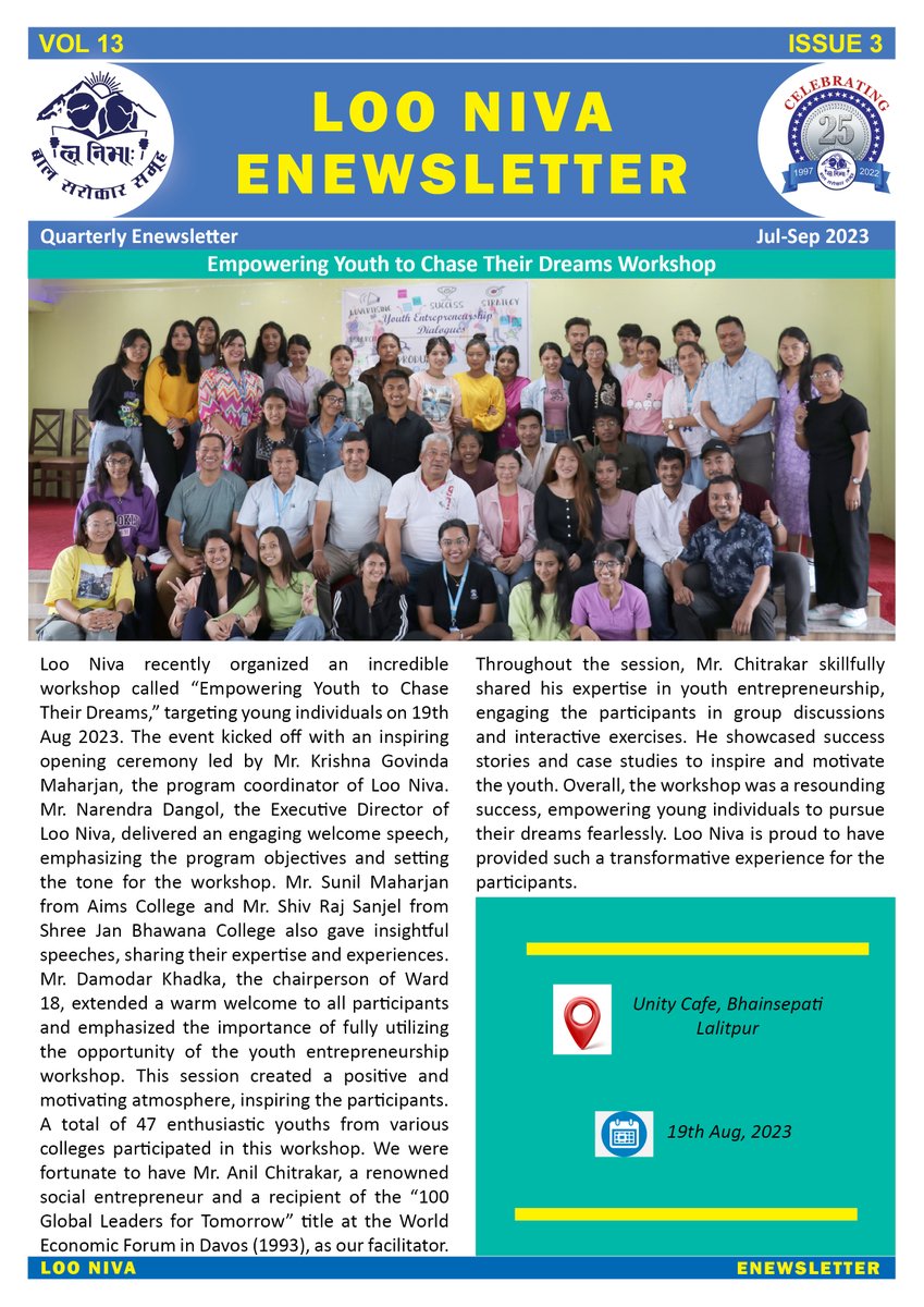 Loo Niva has published its E-Newsletter of July-September 2023. For more details: Please Visit us on, loonivachild.org.np/publications instagram.com/loonivachild/ facebook.com/loonivachild
