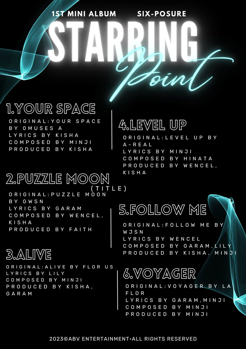 Sixposure_abv's tweet photo. [SIX-POSURE] 
1ST MINI ALBUM 
[STARRING POINT] Tracklist 

2023.11.08 

#MONTHLYIDOL #SIXPOSURE #ABVENT https://t.co/XknNcwiQ7n