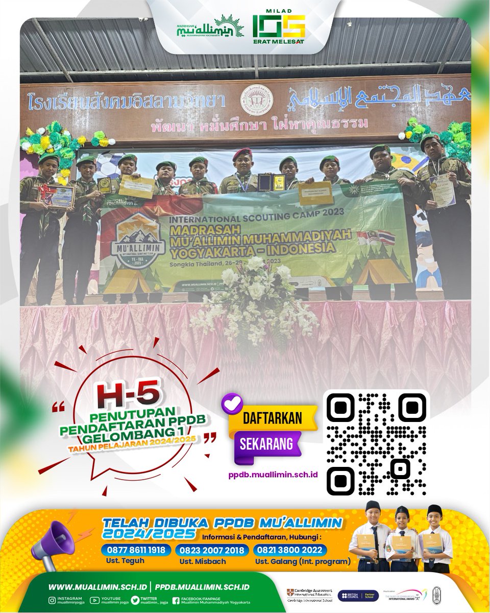 Pendaftaran penerimaan peserta didik baru gelombang 1 tahun pelajaran 2024/2025 tinggal 5 hari lagi, yuk ayah bunda segera daftarkan putranya di Madrasah Mu'allimin Muhammadiyah Yogyakarta

#ppdb
#ppdbmuallimin
#milad105muallimin