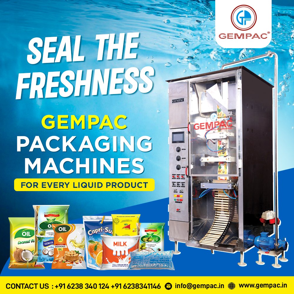 gempacindia's tweet image. GEMPAC Liquid Packaging Machines are reliable, hygienic, efficient, and accurate packaging solutions. Our packaging machine ensures to filling and packaging of liquid products without wastage and spilling.

#GEMPAC #PackingMachine  #LiquidPacking #LiquidPackagingMachines