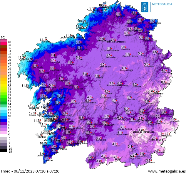 MeteoGalicia's tweet photo. Bos días! Esta é a temperatura arestora: 🧥FRÍO!
(desde os -2ºC de #CabezadeManzaneda aos 13ºC en #Camariñas)

O aire frío quedará por #Galicia durante todo o día, con chuvascos 🌦️ocasionalmente de sarabia.

❄️Cota de neve arredor dos 1000 metros de altura. https://t.co/5qge6fzfwR