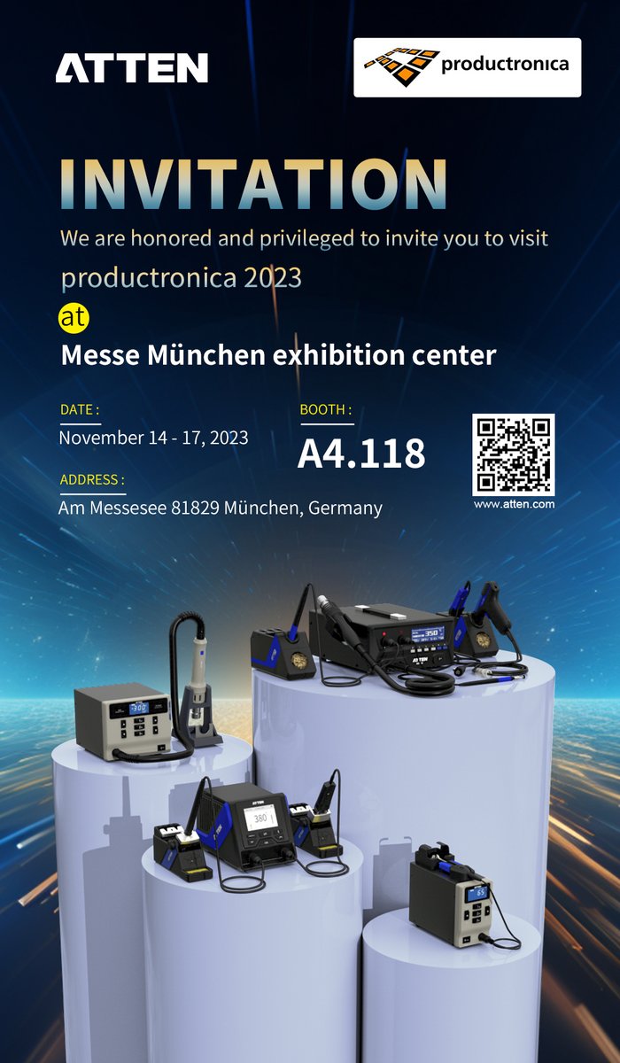Join us in Munich, Germany at productronica 2023. Hall A4, Booth 118

#atten #electronics #Productronica #germany #messemuenchen #soldering #handsoldering #desoldering #electronicsproduction #BGArework #SMTrework #solderingsolutions
