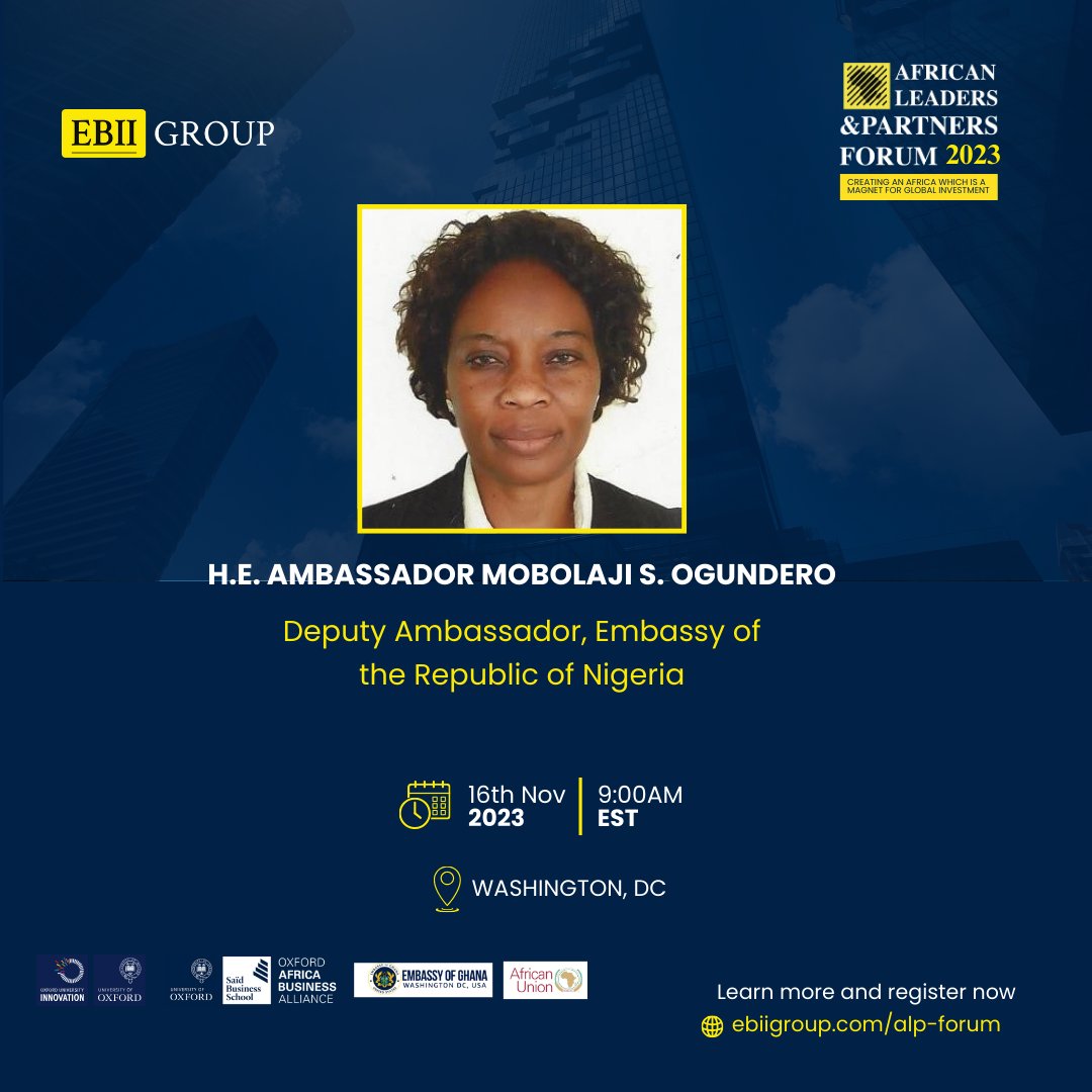 Meet #ALPForum23 Panelists:

Sebastian Ashong - Group Head @ Ecobank over 20 years' experience African markets. Corp &amp; Investment Banking Expert

Mobolaji S. Ogundero - Deputy Ambassador, Embassy of Nigeria.

Nov 16 @ African Union Washington

Register @ ebiigroup.com/alp2023/