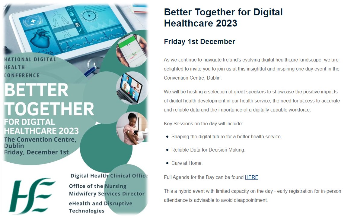 nmpduwest's tweet image. Looking forward to the 'Better Together Digital Healthcare Conference on Friday Dec 1st - Details of sessions  👇👇👇ehealthireland.ie/events/nationa…