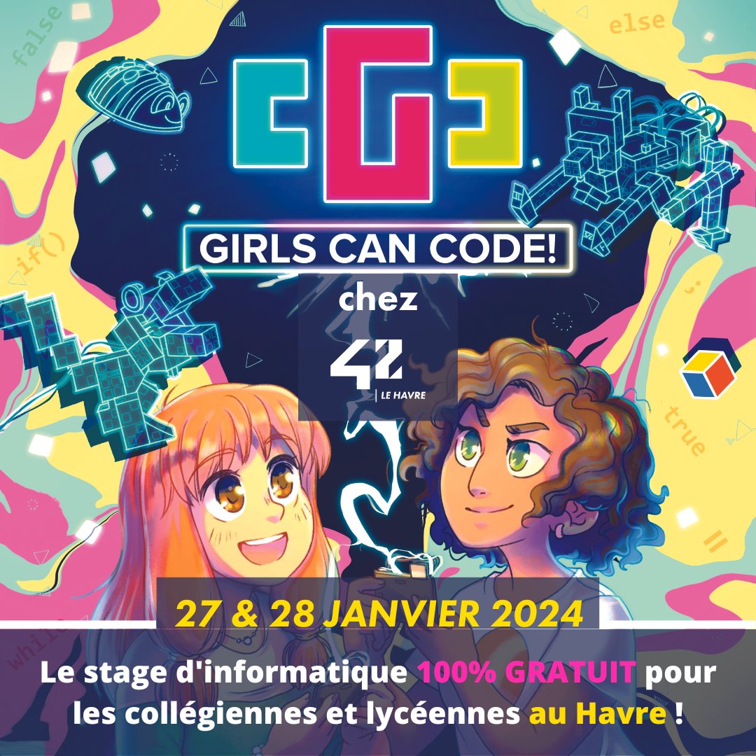📆 Nous avons le plaisir de vous annoncer que nous allons accueillir l’événement Girls Can Code! les 27 et 28 Janvier prochains au sein du campus. ▶️ Le temps d’un week-end, un groupe de collégiennes et lycéennes viendra découvrir gratuitement les bases de la programmation.
